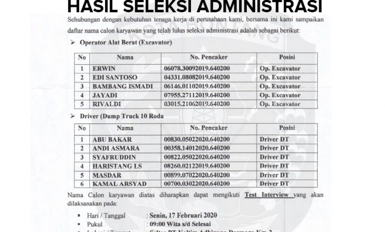 Hasil seleksi PT. Karya Putra Bonbarja