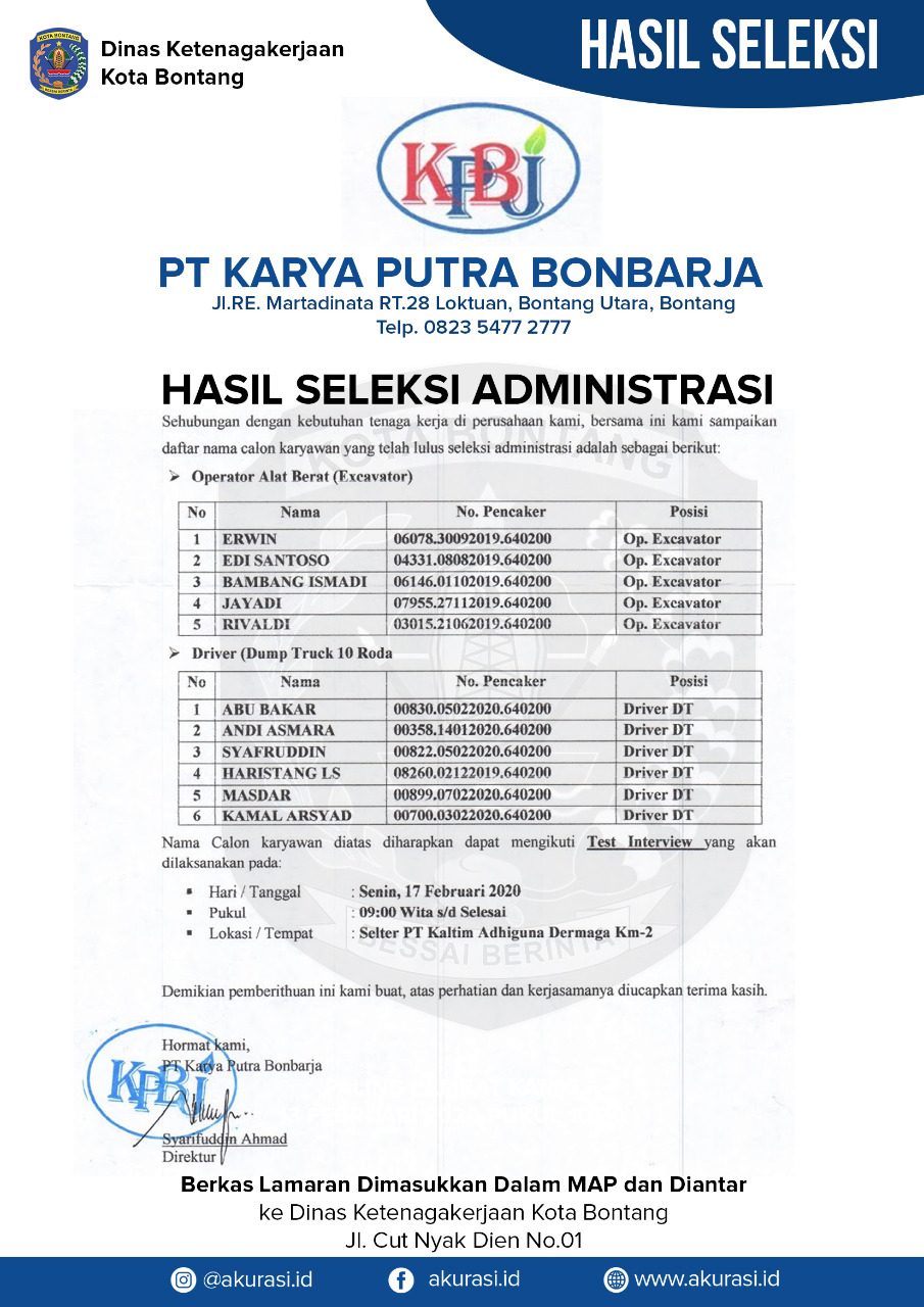 Hasil Seleksi PT. Karya Putra Bonbarja