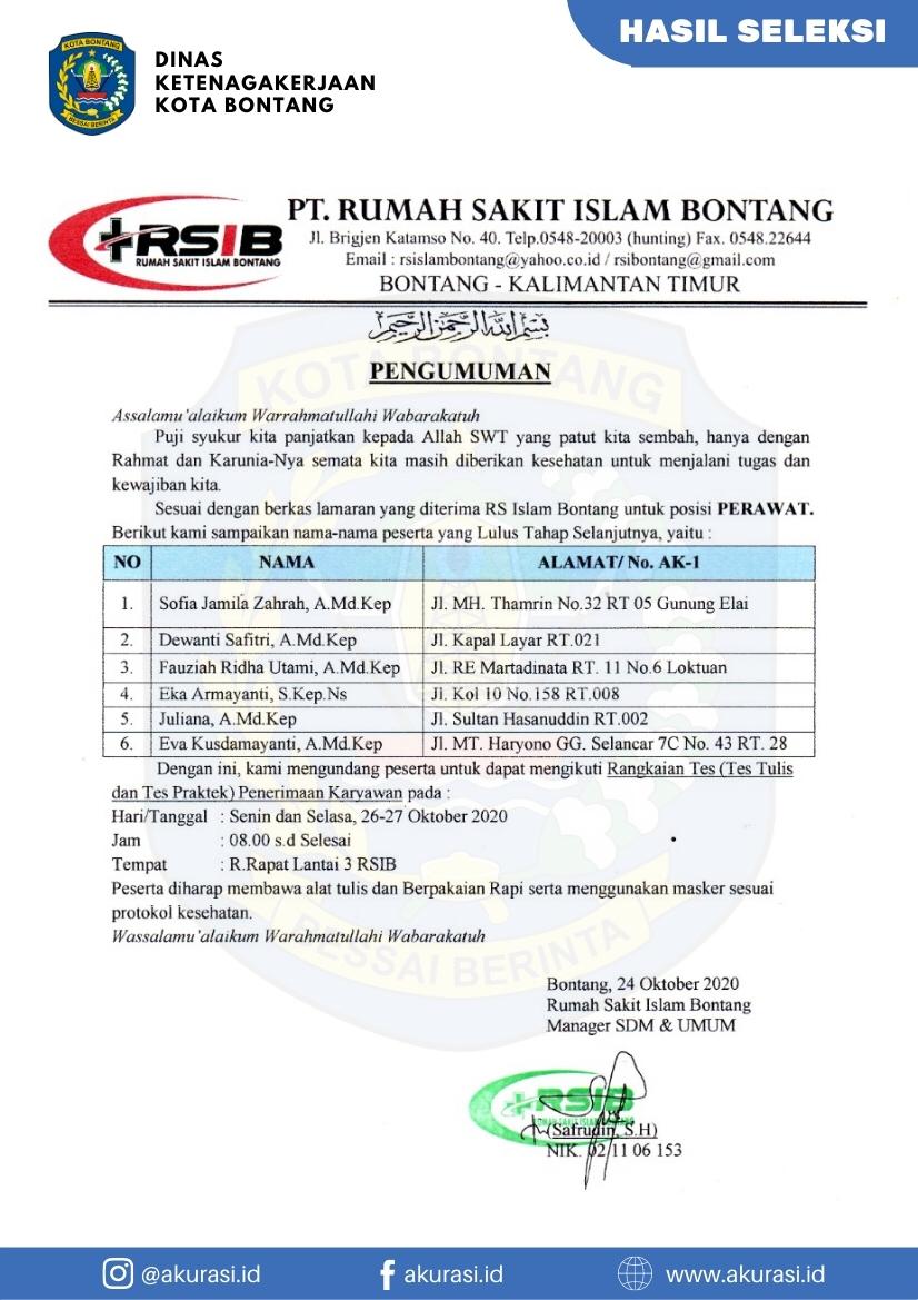 Hasil Seleksi PT Rumah Sakit Islam Bontang Oktober