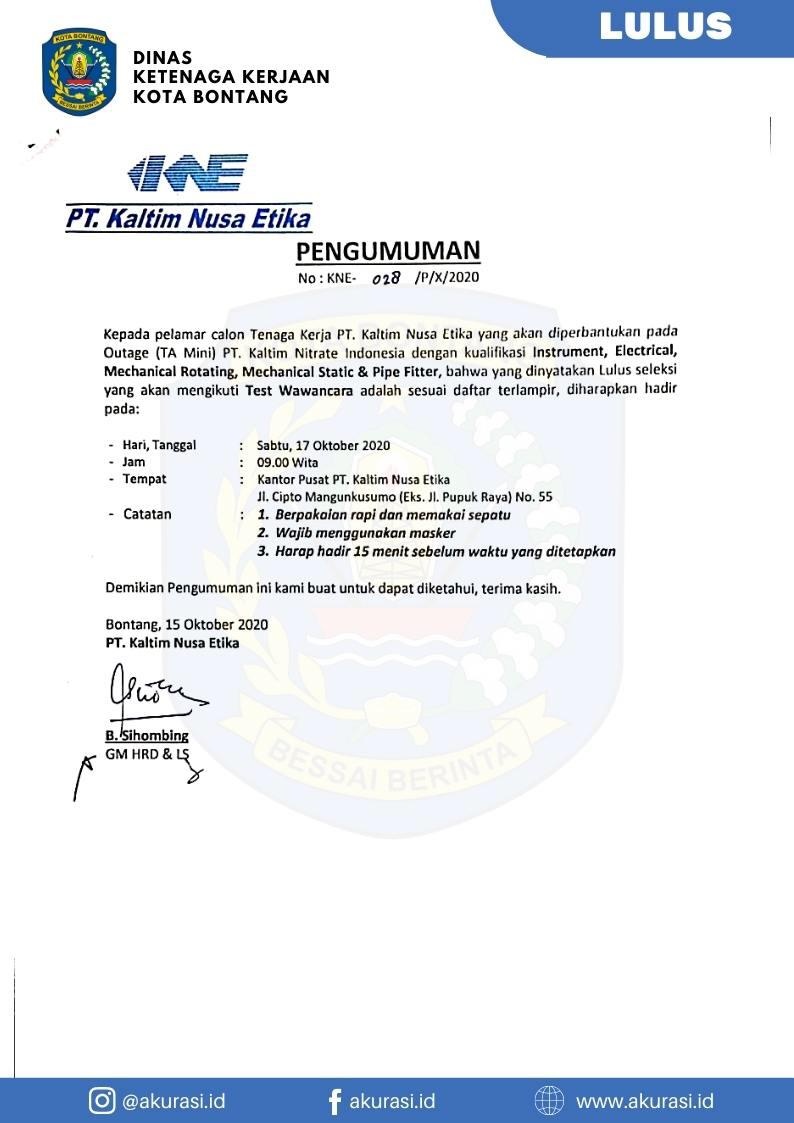 Pengumuman Lulus PT Kaltim Nusa Etika KNE 