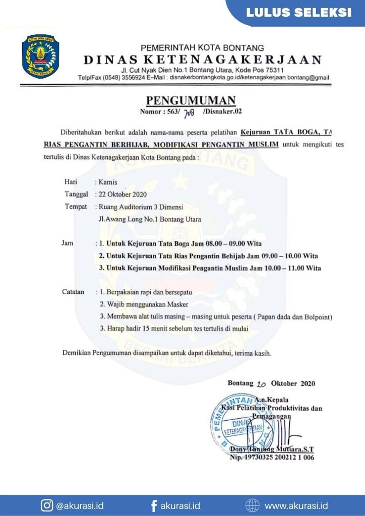 Pengumuman Lulus Seleksi Pelatihan Tata Boga, Tata Rias Pengantin Berhijab dan Modifikasi Pengantin Muslim